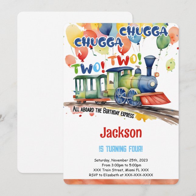 Invitation Fête de train d'anniversaire de 4 ans (Devant / Derrière)