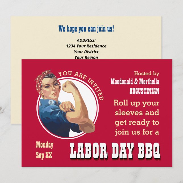 Invitation FÊTE DE TRAVAIL BBQ Rosie Riveter (Devant / Derrière)