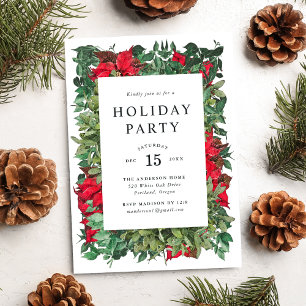 Invitation Fête de vacances aux Poinsettias et feuillages vin