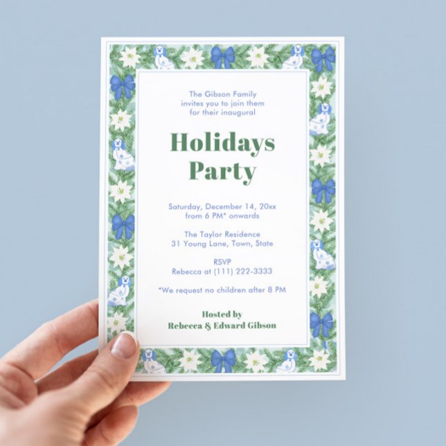 Invitation Fête De Vacances Bleu Et Blanc (Chinoiserie Chic Chintz Holiday Party Invite With Watercolor Border Featuring Pottery Dogs, greenery)