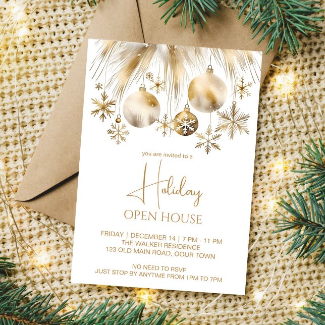 Invitation Fête de vacances boho métallique aquarelle (Open holiday house Christmas party editable template boho silver gold baubles pampas grass snowflake)