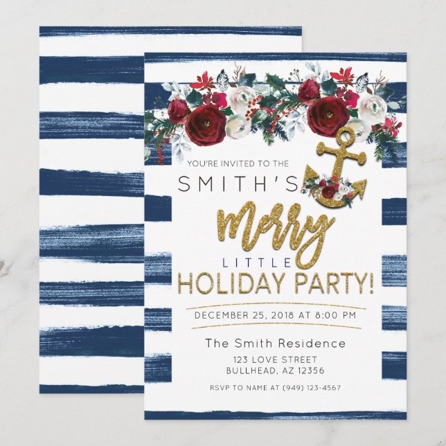 Invitation Fête de Vacances de Yacht Nautique Stripes de Noël (Devant / Derrière)