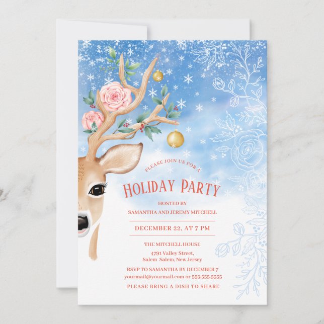 Invitation Fête de Vacances Deer Holly Rose neige Floral Bleu (Devant)