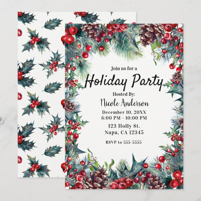 Invitation Fête de vacances d'hiver Noël Holly & Pommes de pi (Devant / Derrière)