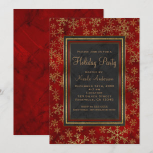 Invitation Fête de vacances Marbre rouge Gold Snowflakes élég