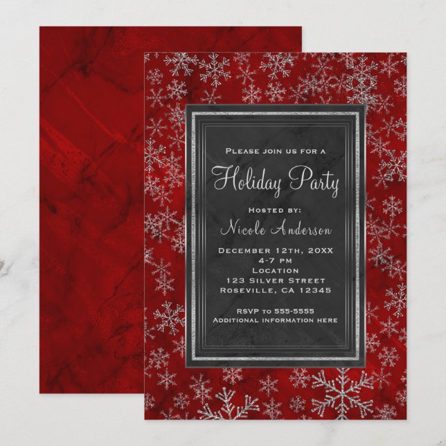 Invitation Fête de vacances Marbre rouge Silver Snowflakes él (Devant / Derrière)