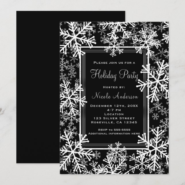 Invitation Fête de Vacances Moderne Black & White Snowflakes (Devant / Derrière)