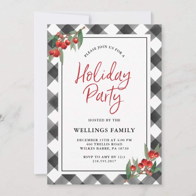 Invitation Fête de vacances noire et blanche de plaid de (Devant)