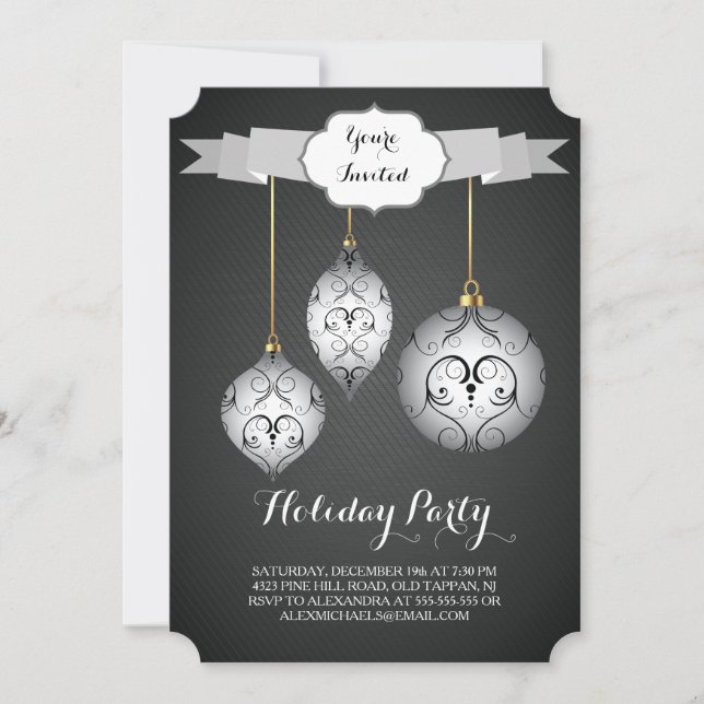 Invitation Fête de vacances noire exquise de boules de Noël (Devant)