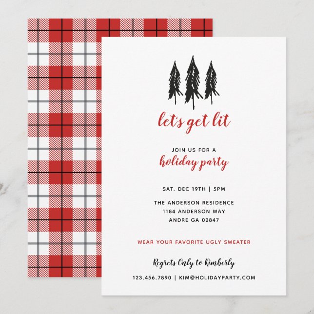 Invitation Fête de vacances rouge de motif de plaid de (Devant / Derrière)