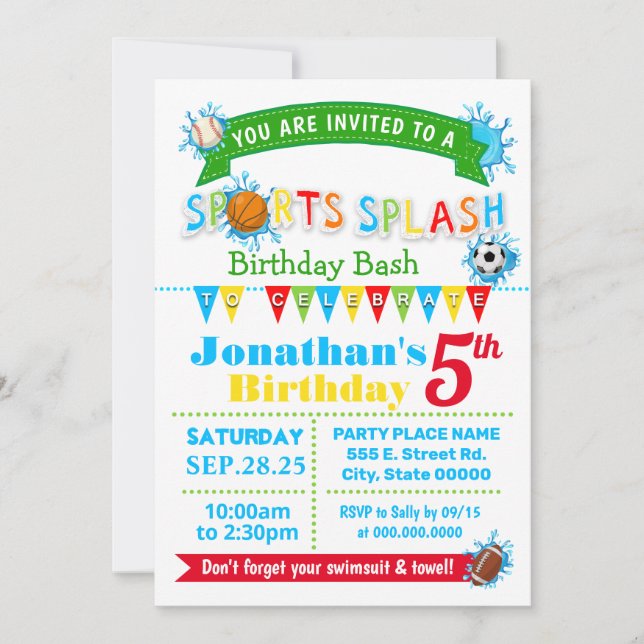 Invitation Fête d'eau d'été pour fêtes d'anniversaire de spor (Devant)