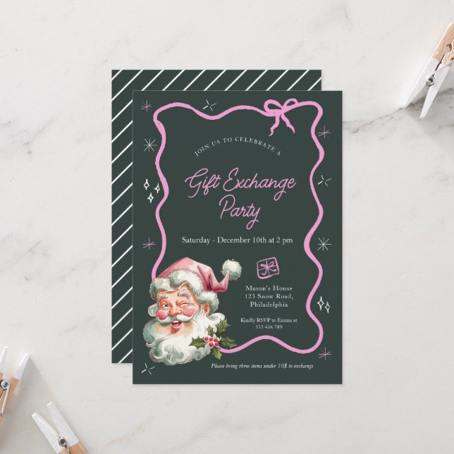 Invitation Fête d'échange cadeau de Noël rose (Devant/Arrière en situation)