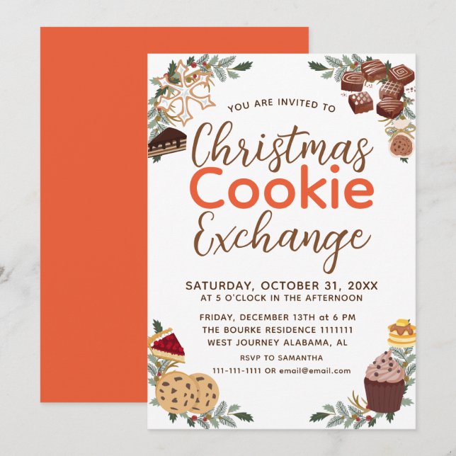 Invitation Fête d'échange de biscuits de Noël en écriture élé (Devant / Derrière)