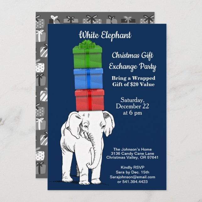 Invitation Fête d'échange de cadeaux empilés d'éléphant blanc (Devant / Derrière)