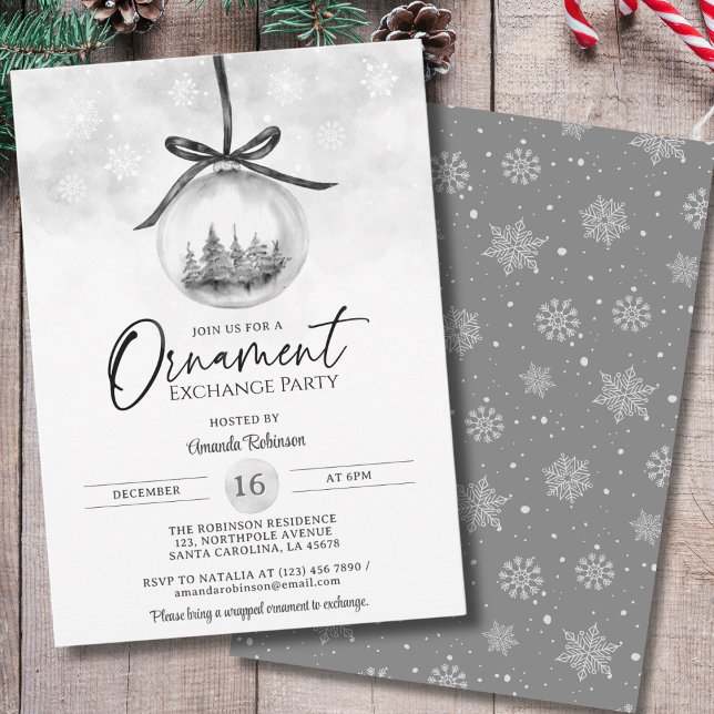 Invitation Fête d'échange de Noël de l'ornement gris aquarell (Créateur téléchargé)