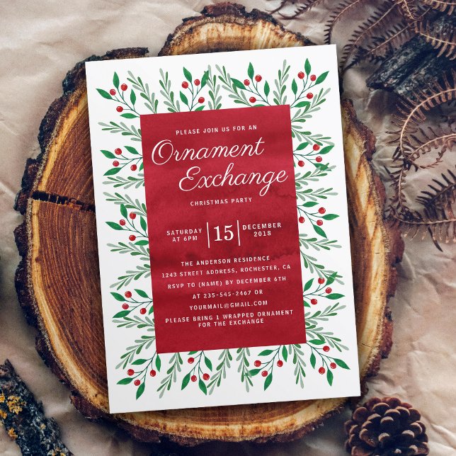 Invitation Fête d'échange d'ornement de Noël Aquarelle rouge (Créateur téléchargé)