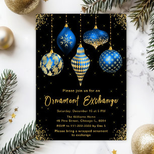 Invitation Fête d'échange d'ornements bleus et or