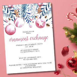 Invitation Fête d'échange d'ornements rose et bleu de Noël
