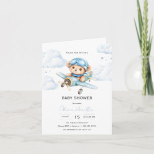 Invitation Fête d'enfant Ourson en avion à l'aquarelle