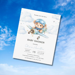 Invitation Fête d'enfant Ourson en avion à l'aquarelle
