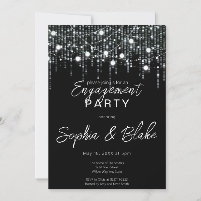 Invitation Fête d'engagement Black & White Hanging Lights (Devant)
