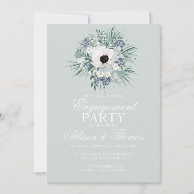 Invitation Fête d'engagement blanc anémone sage vert (Devant)
