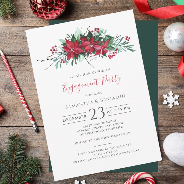 Invitation Fête d'engagement de Noël Florale Berries d'hiver (Floral Christmas Engagement Party Winter Berries Invitation)