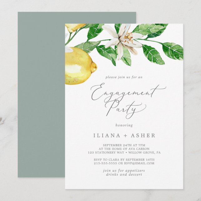 Invitation Fête d'engagement du jardin de citron moderne (Devant / Derrière)
