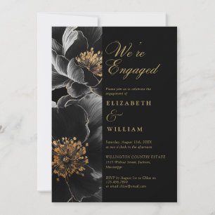 Invitation Fête d'engagement florale Élégante Noire Et Or