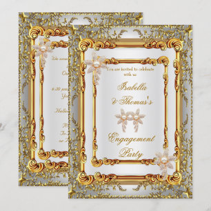Invitation Fête d'engagement Gold White Damask Flowers