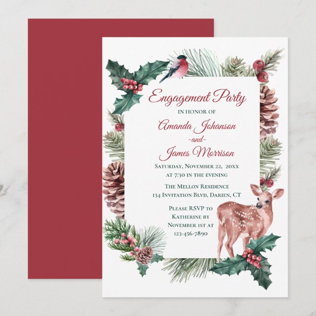 Invitation Fête d'engagement hivernal Mariage de Noël rouge C (Devant / Derrière)