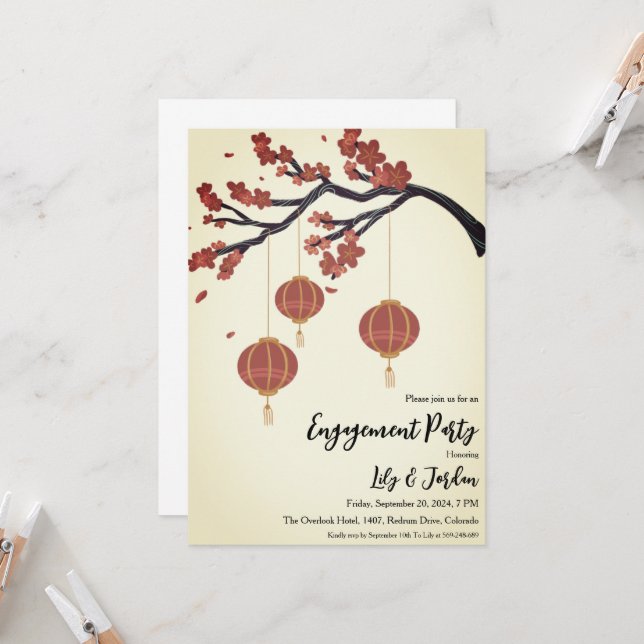 Invitation Fête d'engagement Lanterne dans le jardin d'arbre (Devant/Arrière en situation)