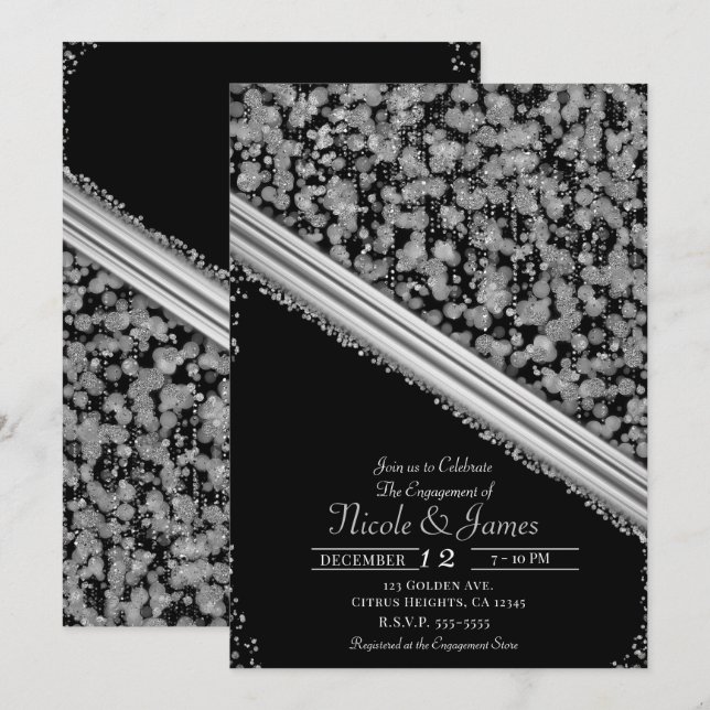 Invitation Fête d'engagement Silver & Black Elegant Glam (Devant / Derrière)