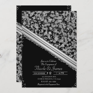 Invitation Fête d'engagement Silver & Black Elegant Glam