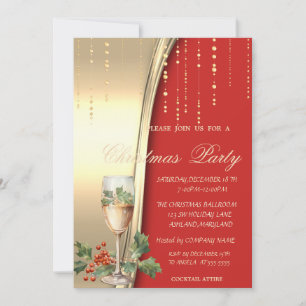 Invitation Fête d'entreprise Champagne Holly Berry, Rouge, Or