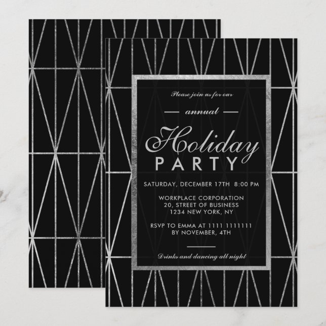 Invitation Fête d'entreprise d'hiver noir géométrique et arge (Devant / Derrière)