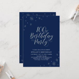 Invitation Fête des 100 ans Argent et Bleu Nuit Pailleté