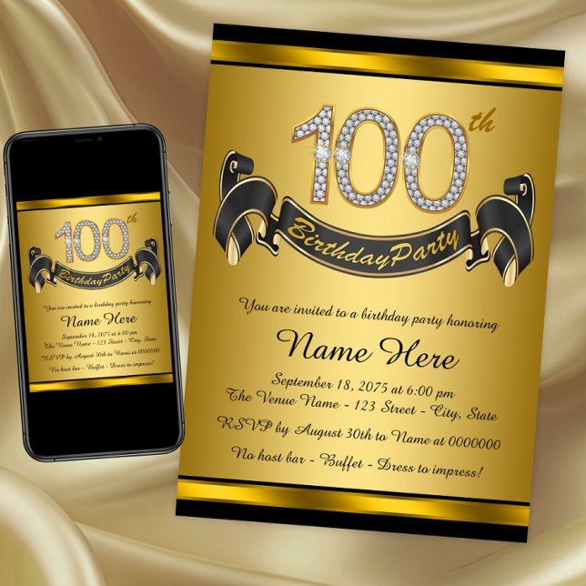 Invitation Fête des 100 ans en or (100th birthday party invitation. Instant download and printed invitations available.)