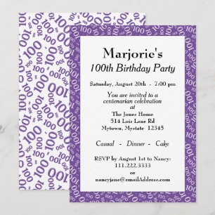 Invitation Fête des 100 ans Motif de nombres violet/blanc
