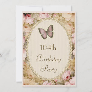 Invitation Fête des 104 ans Roses Vintage Papillon Notes de M