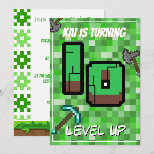 Invitation Fête des 10 ans du gamer pixelisé niveau vert