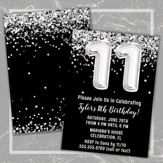 Invitation Fête des 11e Anniversaires noirs et blancs (Black and White 11th Birthday Party Invitation)