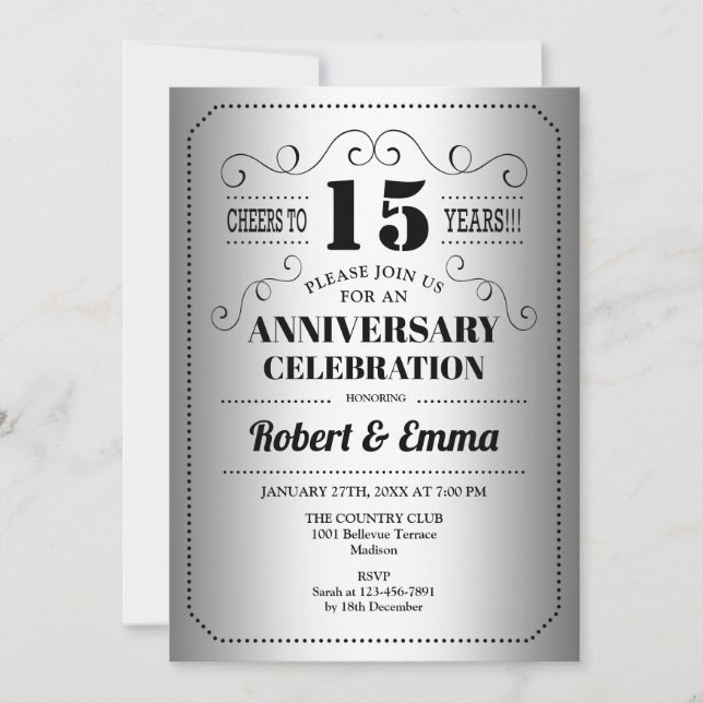 Invitation Fête des 15 ans de mariage - Noir Argent (Devant)