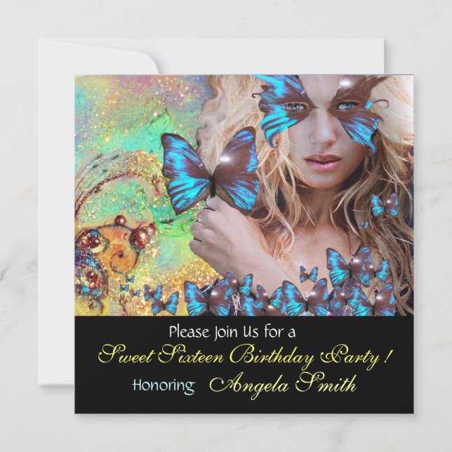 INVITATION FÊTE DES 16 ANS PAPILLON BLEU MONOGRAMME (Devant)