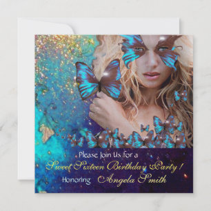 INVITATION FÊTE DES 16 ANS PAPILLON BLEU MONOGRAMME, OR