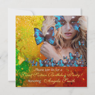 INVITATION FÊTE DES 16 ANS PAPILLON BLEU MONOGRAMME, OR