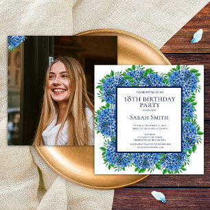 Invitation Fête des 18 ans avec des Hydrangeas Bleu Clair Pho