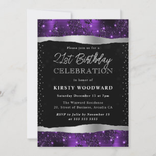 Invitation Fête des 21 ans avec paillettes violettes et noire