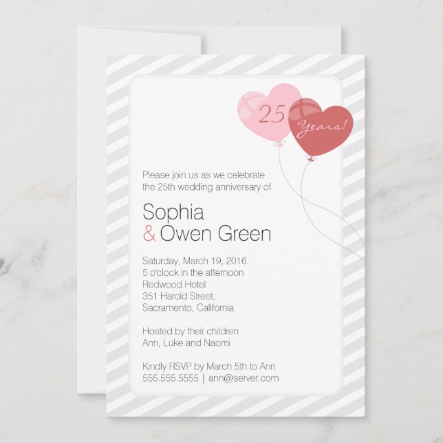 Invitation Fête des 25 ans de mariage Noces d'argent Ballons (Devant)
