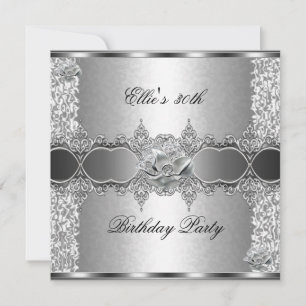 Invitation Fête des 30 ans Élégant Bijou Floral Argenté